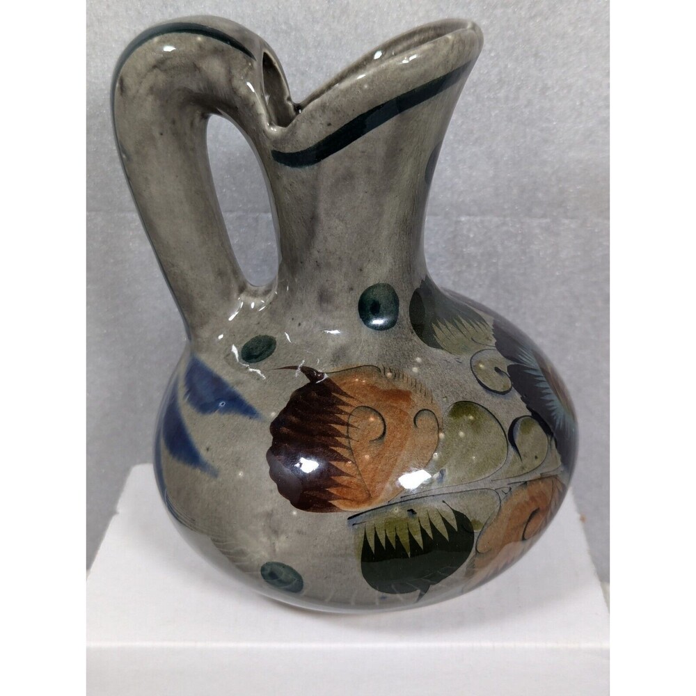 Vintage Tonala Mexican Pitcher Vase 7” Folk Art Pottery Flowers